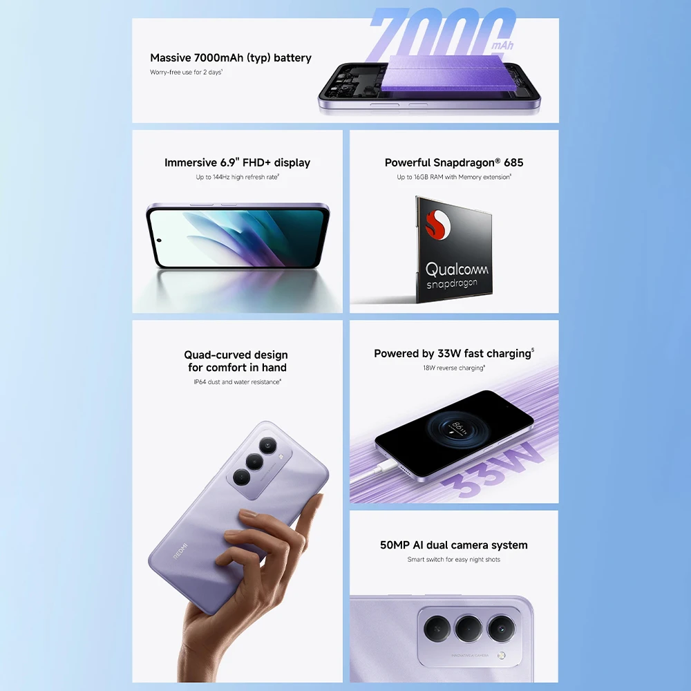 version mondiale smartphone redmi 15 4g 8 go/256 go puissant snapdragon ® 685 ai double caméra 6,9" fhd 7000mah xiaomi super batterie 33w version mondiale smartphone redmi 15 4g 8 go/256 go puissant snapdragon ® 685 ai double caméra 6,9" fhd 7000mah xiaomi super batterie 33w