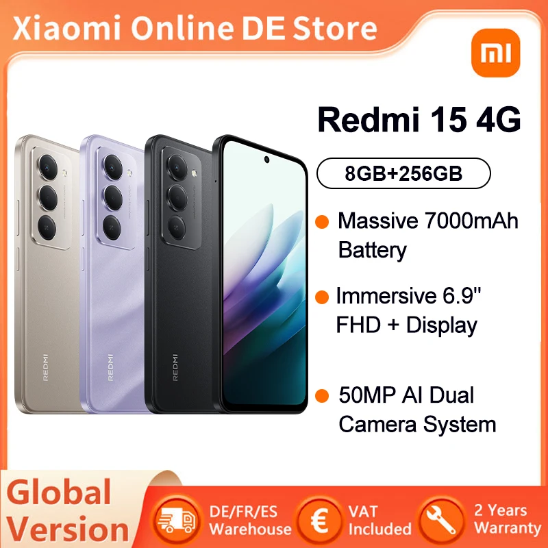 version mondiale smartphone redmi 15 4g 8 go/256 go puissant snapdragon ® 685 ai double caméra 6,9" fhd 7000mah xiaomi super batterie 33w version mondiale smartphone redmi 15 4g 8 go/256 go puissant snapdragon ® 685 ai double caméra 6,9" fhd 7000mah xiaomi super batterie 33w