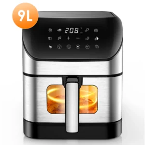 friteuse à air visible 9l grande friteuse à air, 10 fonctions prédéfinies, rôtissage, cuisson, déshydratation, réchauffage, silencieux, antiadhésif